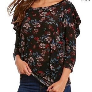 Free People Dock Street Top Floral Ruffle Knit Black Large Whimsigoth Boho EUC